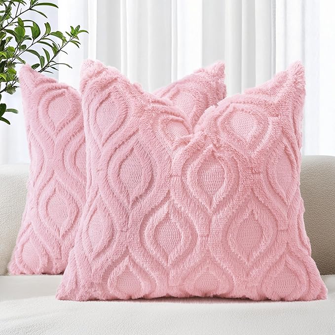 decorUhome Summer Throw Pillow Covers 20x20 Inch Set of 2, Soft Plush Faux Wool Light Pink Solid Couch Pillow Covers, Accent Farmhouse Neutral Square Pillow Cases for Sofa Bed Living Room