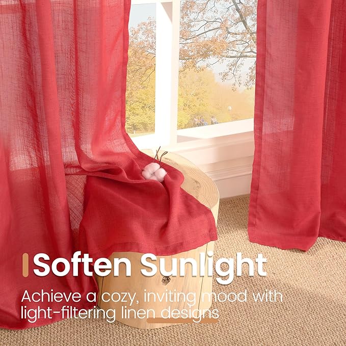 BGment Red Linen Curtains 72 Inches Long for Living Room, Semi Sheer Drapes with Rod Pocket Light Filtering for Bedroom Dining Lightweight, 2 Panels Set, Each 52 Inch Wide