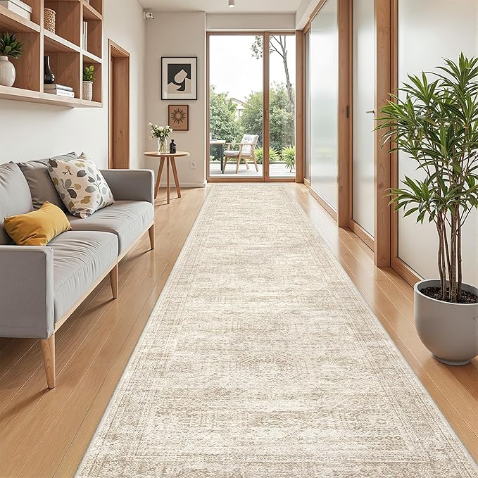 Washable Runner Rug 2.5x14, Non-Slip Long Hallway Runner for Entryway, Soft Vintage Kitchen Mats for Floor, Abstract Dining Room, Bedroom, Living Room Rugs(2.5'x14', Beige/Ivory)