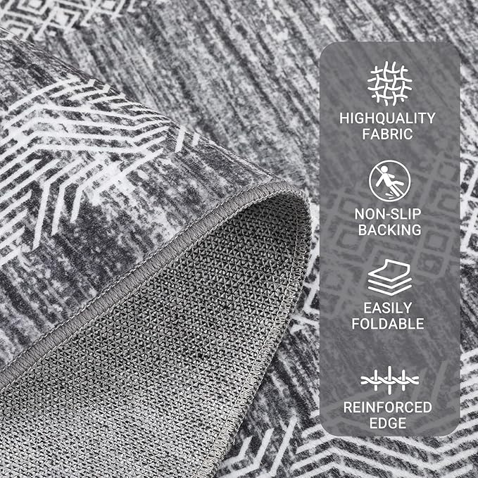 GarveeHome 2x6 Modern Bordered Runner Rug Soft Non Slip Washable Floor Carpet Distressed Geometric Hallway Indoor Printed Rug for Kitchen Entrance, Gray