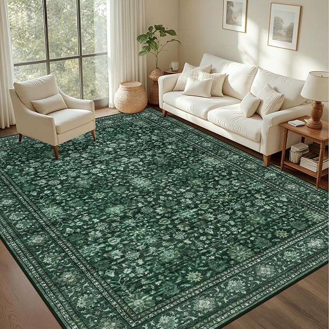 4x6 Area Rugs for Living Room: Washable Rug Soft Vintage Distressed Floral Carpet Indoor Non-Slip Stain Resistant Large Carpets for Bedroom Dining Room Farmhouse Nursery Home Office Deep Green