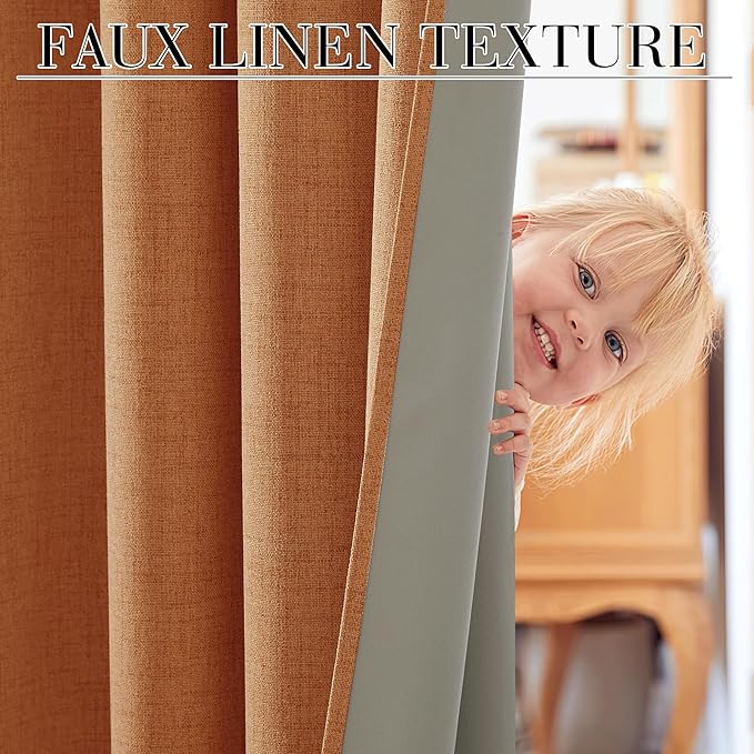 RYB HOME Burnt Orange Total Blackout Curtains Linen Texture, Rustic Fall Curtains for Bedroom/LivingRoom/Office, Thermal Insulated Boho Farmhouse HomeDecor, Luxury Privacy Drapes, W52xL90, 2 Panels