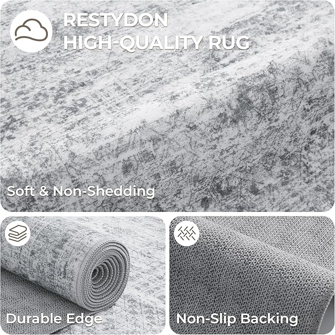 3x5 Washable Area Rug for Entryway, Soft Kitchen Rugs Non Slip for Dining Room, Vintage Abstract Living Room Rug, Thin Area Rugs Indoor for Bedroom, Kids Room Decor(3'x5', Grey/Ivory)