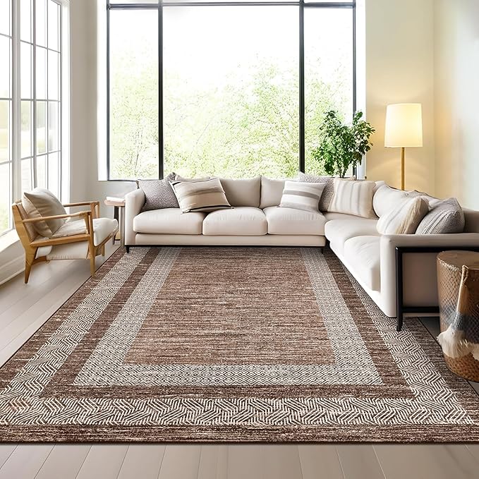 GarveeHome Washable Rug 5x7 Modern Bordered Rug with Non Slip Rubber Backing, Low Pile Thin Carpet, Soft Non Shedding Floor Covering, Foldable Printed Carpet for Living Room Bedroom, Brown