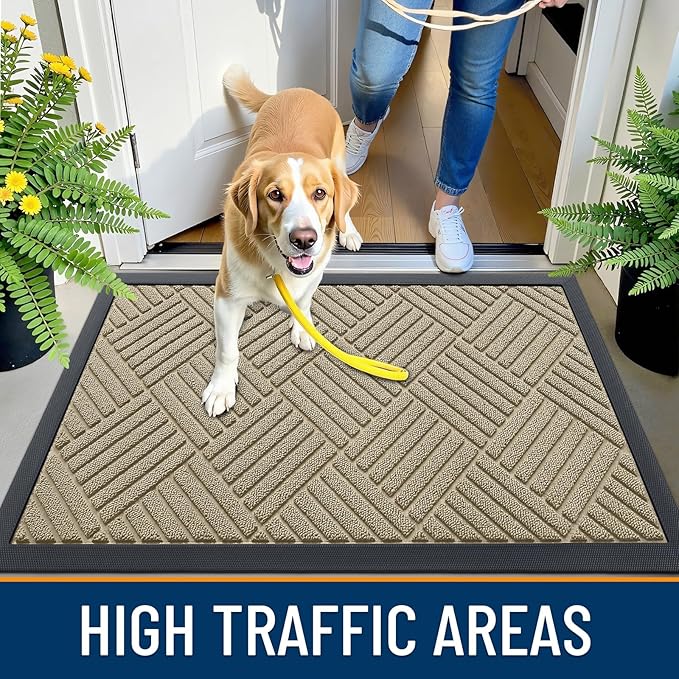OLANLY Front Door Mat Outside Entrance 47x32, Absorbent, Heavy Duty Sturdy Natural Rubber Doormat Indoor Outdoor, Stain and Fade Resistant, Non-Slip Low Profile Floor Mat for Entryway, Beige Diamond