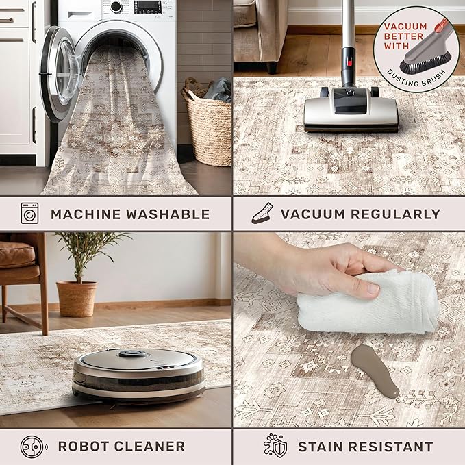 Washable Neutral Farmhouse Large Entryway Rug, 3x6 Area Rugs for Kitchen, Bedroom Beside Bed, Nursery Room, Boho Vintage Floral Non-Slip Throw Rug Low Pile Stain Resistant (3x6 Beige/Latte)