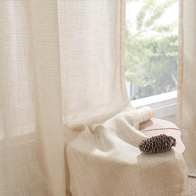 BGment Natural Linen Curtains 90 Inches Long for Living Room, Semi Sheer Window Drapes Lightweight Rustic Country Textured for Farmhouse Bedroom Decor with Rod Pocket, 2 Panels Set, Each 52 Inch Wide