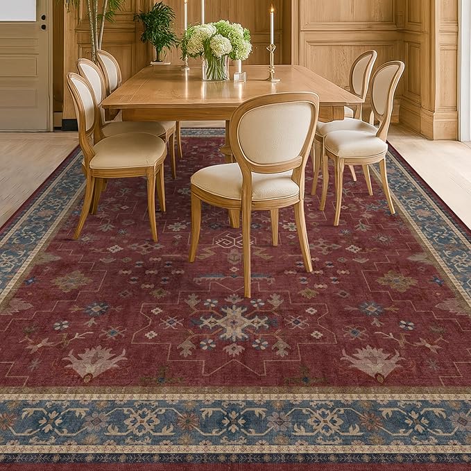 Hazo Haus Oriental 9x12 Soft Rugs for Living Room - Dark Red Rugs for Bedroom Aesthetic, Dining Room Under Kitchen Table, Washable Soft Non Slip Large Area Vintage Décor