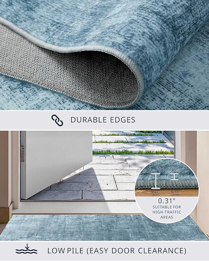Latte&Fog 3x5 Entryway Rug Indoor, Modern Abstract Washable Area Rug, Boho Non Slip Low Pile Throw Carpet for Indoor Bedroom Bedside, Kitchen, Entry and Living Room - Blue