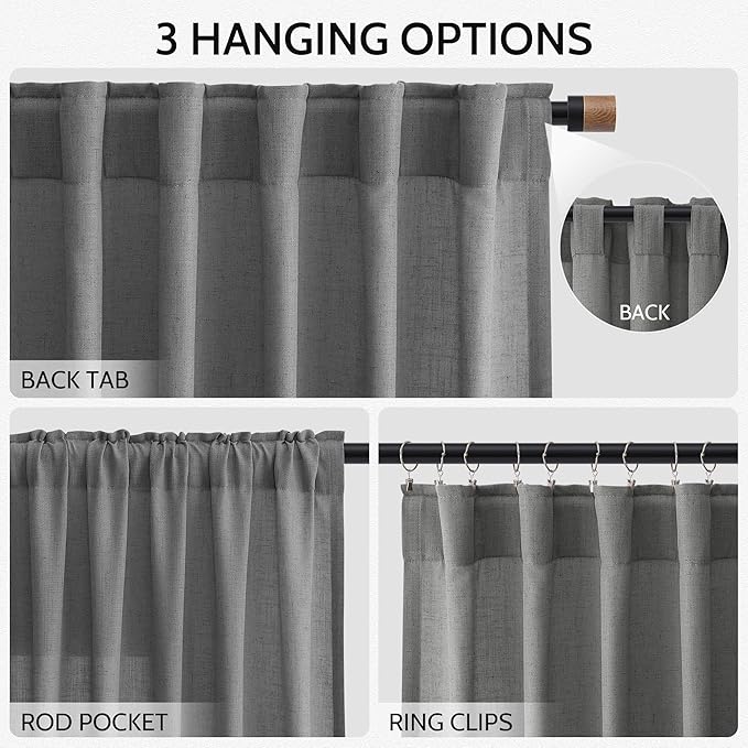 Nanspring Blazer Grey Curtains Linen Blend Light Filtering Back Tab Curtain 84 Inches Long, Semi Sheer Privacy Drapes for Living Room & Bedroom,Simple Style 52x84 inch, 2 Panels