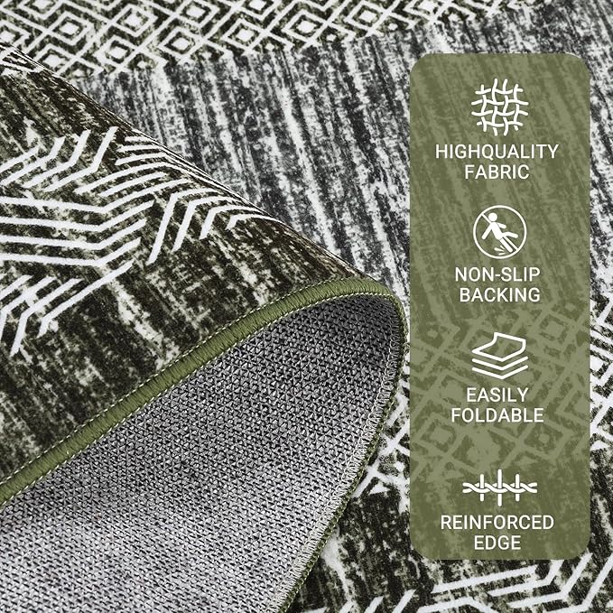 GarveeHome 2.5x8 Modern Bordered Runner Rug Soft Non Slip Washable Floor Carpet Distressed Geometric Hallway Indoor Printed Rug for Kitchen Entrance, Green