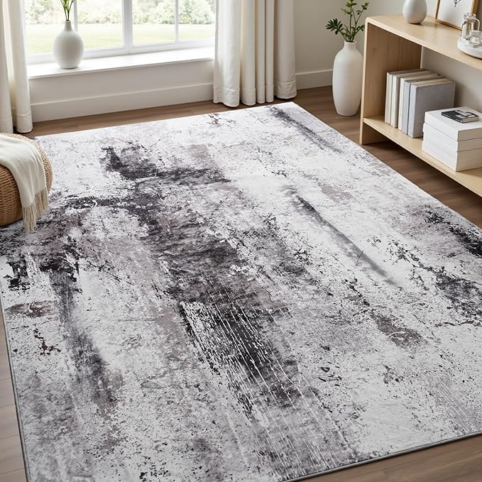 Toneed Abstract Area Rug Modern Washable Rug Soft Non Slip Rug Low Pile for Bedroom Living Room Dining Room Slate Grey 5x7 Feet