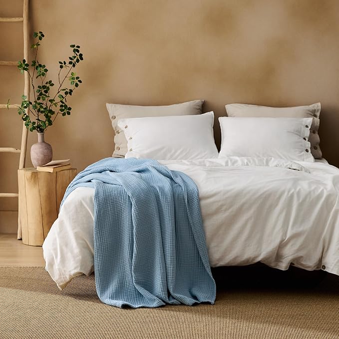 Bedsure 100% Cotton Muslin Blankets for Adults Large Throw 50x70 Inches - 4-Layer Breathable and Lightweight, Soft Boho Gauze Muslin Cotton Blanket for Couch Decor Travel Summer, Blue