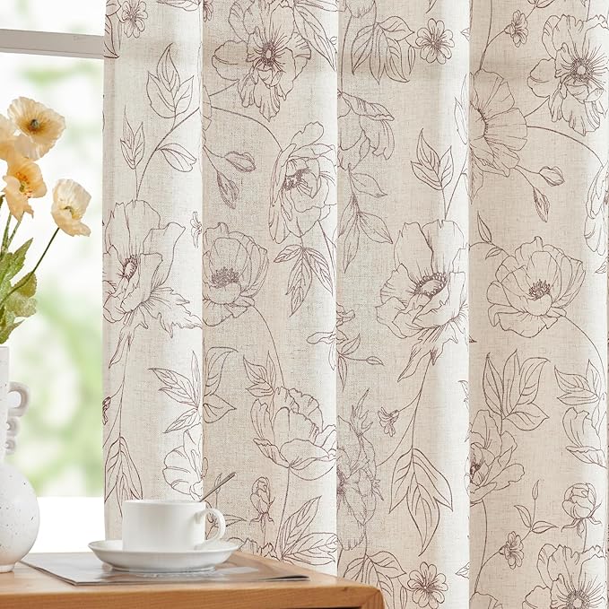 jinchan Floral Linen Curtains for Living Room 84 Inch Length Brown Flower Curtain Rod Pocket Back Tab Farmhouse Curtains with Printed Floral Bedroom Window Curtain Set, 2 Panels Brown
