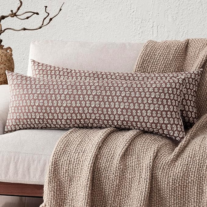 Foindtower Set of 2 Decorative Vintage Long Lumbar Throw Pillow Covers Neutral Modern Farmhouse Cushion Covers Floral Home Decor for Sofa Couch Chair Bedroom Living Room,14×36 Inch,Wine Red