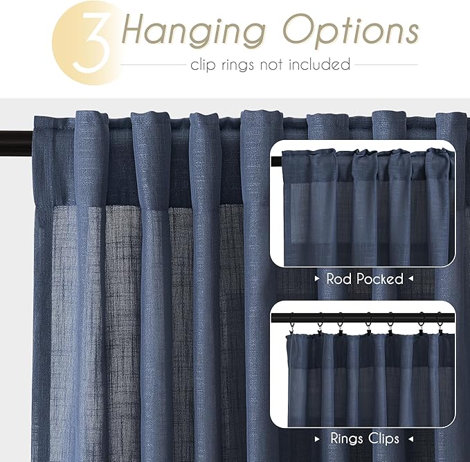 Navy Blue Curtains 94 inch Length for Bedroom Back Tab Light Filtering Semi Sheer Blue Living Room Curtains Linen Cotton Textured Indigo Blue Drapery Panel Modern Farmhouse Aesthetic Decor Dark Blue