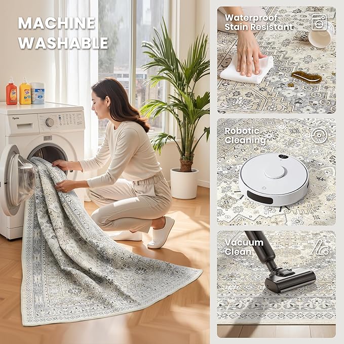zesthome 5x7 Area Rugs - Ultra-Thin Washble Rug, Stain Resistant Anti Slip Backing Rugs for Living Room,Bedroom, Vintage Home Decor Area Rug (Beige,5'x7')