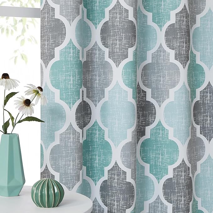 Beauoop 100% Blackout Curtains 96 Inches Long 2 Panels for Bedroom Living Room Aqua Grey Moroccan Geo Room Darkening Thermal Insulated Soundproof Rod Pocket Back Tab Window Treatments Drapes, 50x96