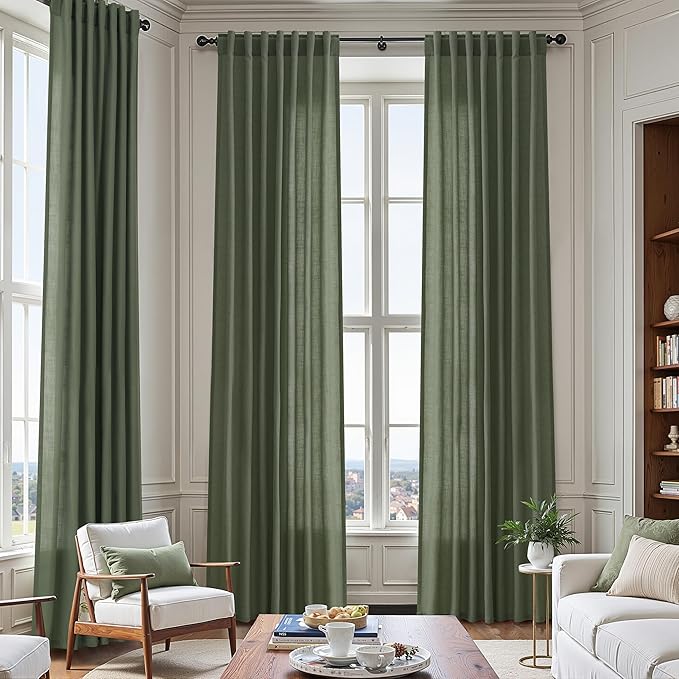 Nanspring Olive Green Linen Sheer Curtains 96 Inches Long 2 Panel Set Back Tab Rod Pocket Semi Sheer Light Filtering Breathability Elegance Modern Design for Bathroom Living Room 60x96
