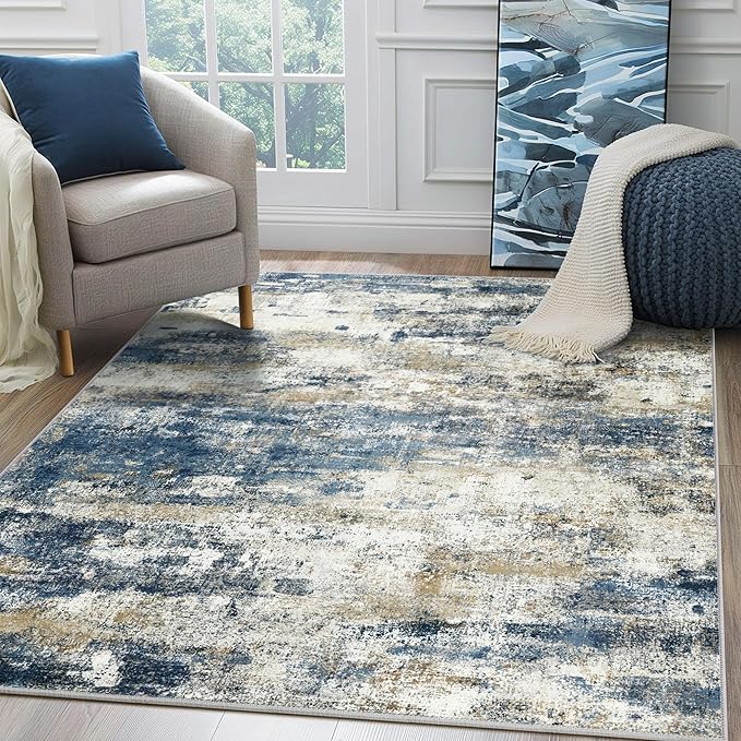 BEIMO Area Rugs 10x14 for Living Room Bedroom, Modern Abstract Machine Washable Rug, Large Soft Low Pile Floor Carpet with Non Slip Backing for Dining Room, Navy Blue Beige