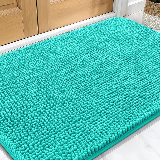 OLANLY Dog Door Mat for Muddy Paws 34x21, Absorbs Moisture and Dirt, Absorbent Non-Slip Washable Doormat, Quick Dry Chenille Mud Mat for Dogs, Entry Indoor Entryway Carpet for Inside Floor, Teal