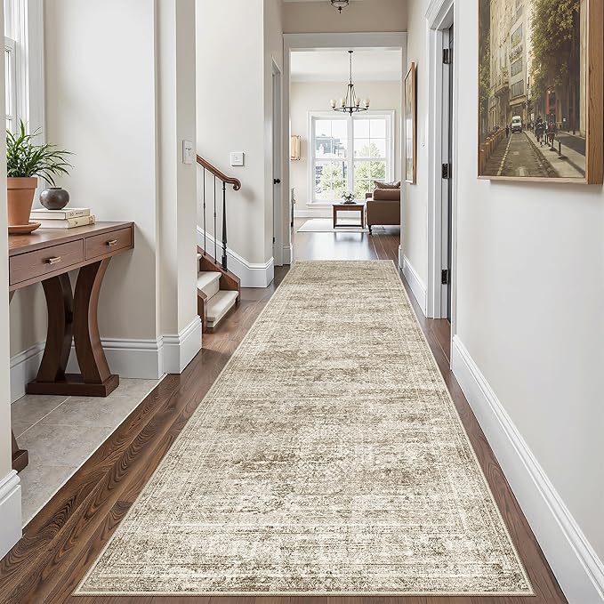 Runner Rug 3x8 Washable Non-Slip Hallway Runner Rugs for Kitchen Bathroom Laundry Room Brown Vintage Floor Carpet Runners for Hallways Entryway