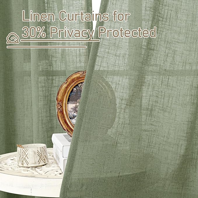 LAMIT Sage Green Linen Curtains 54 Inch Length 2 Panels, Light Filtering Panels Back Tab and Rod Pocket Neutral Drapes for Kitchen/Window/Bedroom, 52 x 54 Inch