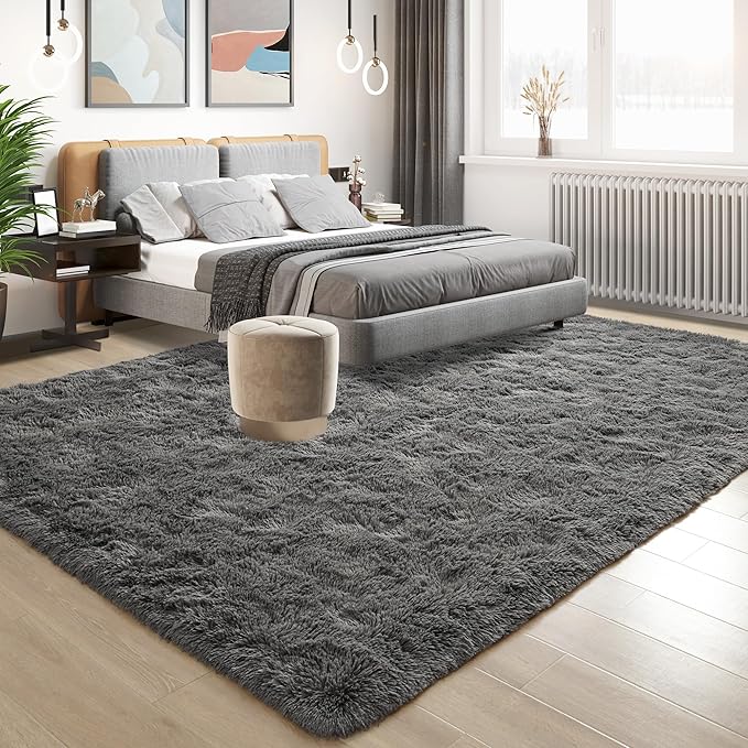 Tepook Soft Fluffy Rugs for Living Room, 5x8 Shaggy Area Rug for Bedroom, Modern Shag Rug Fuzzy Carpets for Kids, Plush Indoor Nursery Home Decor Rug with Non-Slip Bottom, Dark Grey
