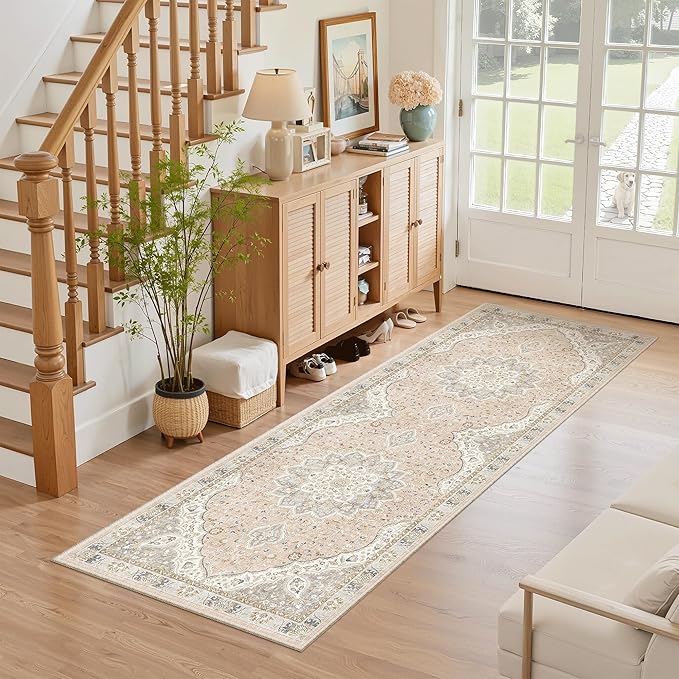 Madane Hallway Runner Rug - 2x5 Rug Runner Washable Runner Rugs Non-Slip Low-Pile Kitchen Runner Rug Laundry Room Rug Throw Carpet for Entrance Bedroom Living Room (2'x5', Pink/Gray)