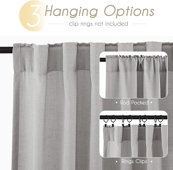 Linen Blend Grey Curtains for Living Room Back Tab Modern Farmhouse Semi Sheer Light Gray Curtains 120 inches Long 2 Panels Set Muted Neutral Cotton Texture Window Curtain for Dining Room Bedroom
