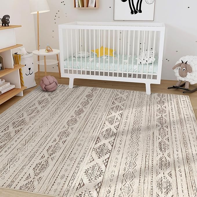 Nakagishi 6x9 Area Rugs Living Room: Washable Boho Large Neutral Soft Farmhouse Rug Stain Resistant Modern Indoor Floor Non-Slip Carpet for Bedroom Nursery Kids Office Dining Room Dorm- Dark Brown