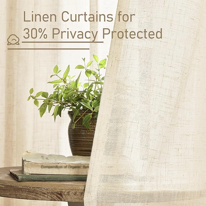 LAMIT Extra Wide Linen Curtains for Bedroom, Natural Light Filtering Faux Linen Textured Panels Semi Sheer Back Tab and Rod Pocket Boho Drapes for Living Room/Farmhouse, 2 Panels, Beige, 60 x 84 Inch