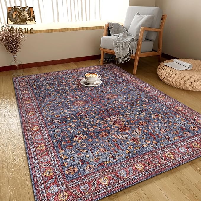 Washable Area Rug 4' x 6' Vintage Traditional Persian Mat - Foldable Distressed Non-Slip Machine Washable Carpet for Living Room Bedroom Kitchen Home Decor - Indigo and Crimson