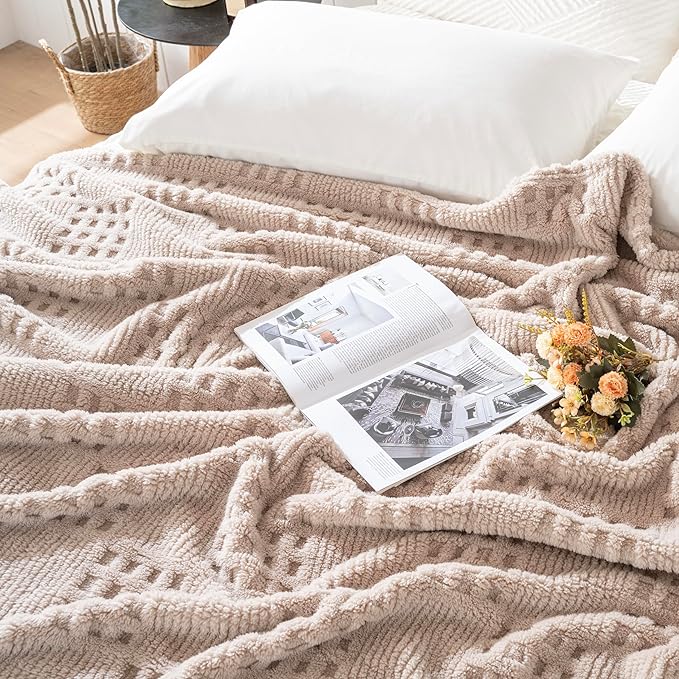 50x70 Inch Waffle Brown Throw Blanket -Fluffy Fleece, Neutral Tan Color, Cute & Aesthetic, Perfect for Sofa, Couch, Chair, Bed, Living Room & Bedroom, All-Season Use, Plush & Cozy Decorative Blanket