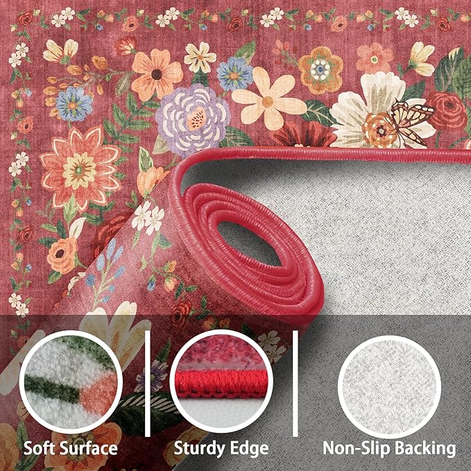 Rug for Hallways Kitchen Rug 2'6" x 14', Non Slip Washable Rugs with Rubber Backing Soft Floral Carpet Runner for Hallways, Kitchen, Laundry, Bedroom, Bathroom(2.6 x 14, Red Garden)