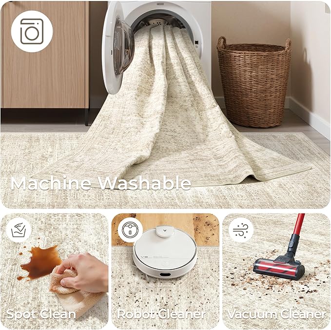 3x16 Washable Runner Rug for Hallway, Non-Slip Long Hallway Runner for Entryway, Soft Vintage Kitchen Mats for Floor, Abstract Dining Room, Bedroom, Living Room Rugs(3'x16', Beige/Ivory)