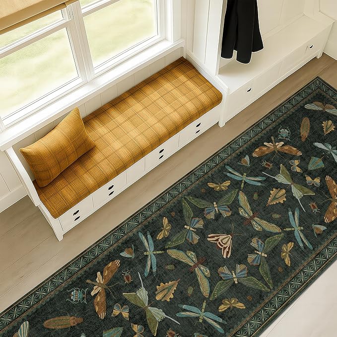 Dark Green 2'6"x12' Long Runner Rugs for Hallway - Boho Wide Washable Non Slip Rug for Indoor Entryway, Kitchen, Low Pile Vintage Whimsical Insect Moth Design, Stain Resistant Ultra Soft Carpet