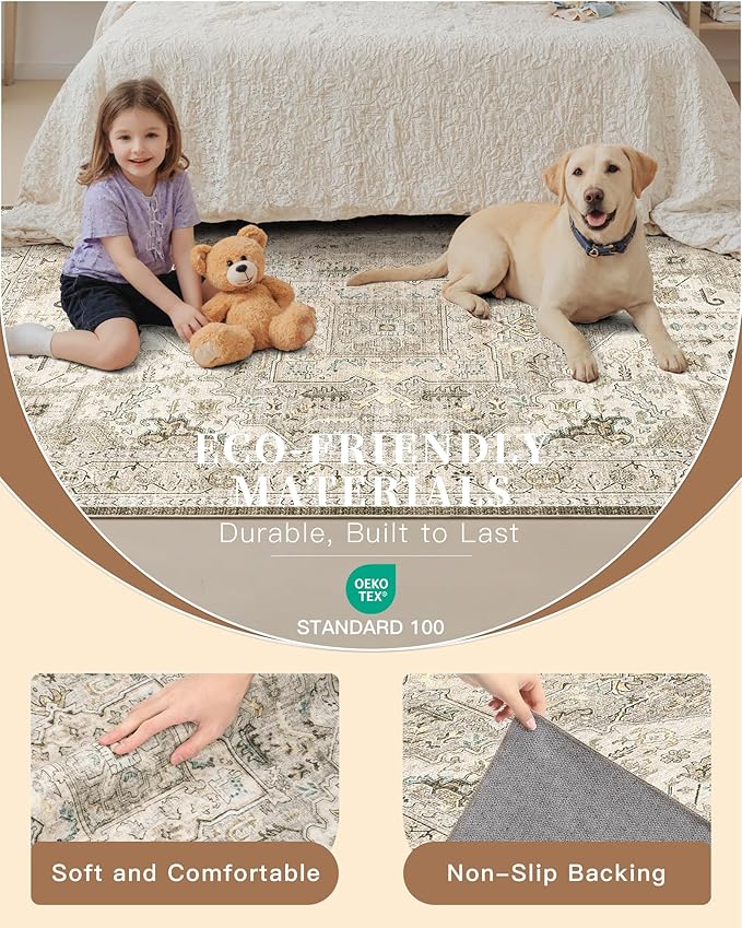 Madane Washable Rug 8x10 Area Rugs for Living Room, Ultra-Thin Non-Slip Backing Rug, Stain Resistant Vintage Large Area Rug for Bedroom (Ivory/Brown, 8'x10')