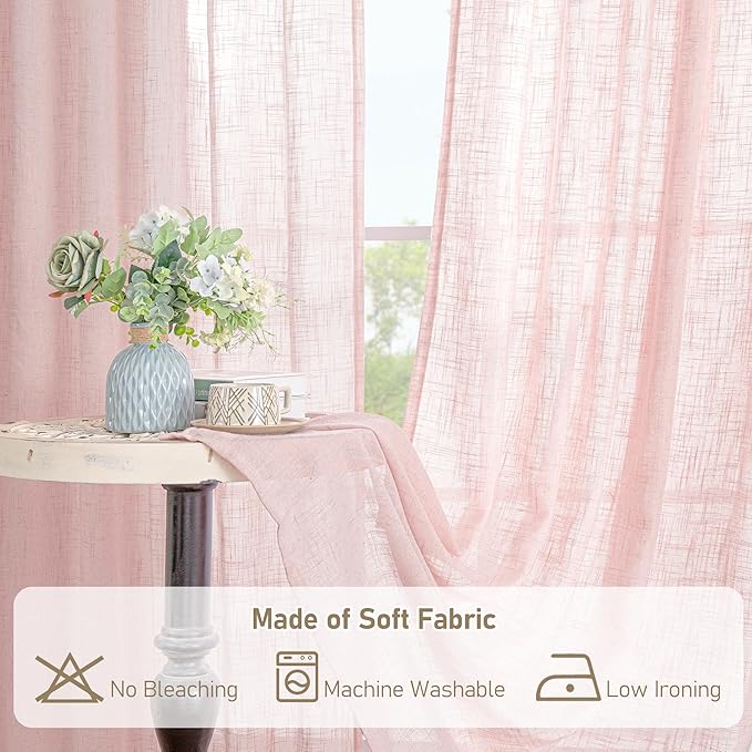 LAMIT Short Linen Curtains 30 Inch Length for Cafe, Semi Sheer Light Filtering Panels Back Tab and Rod Pocket Country Decor Drapes for Basement/Small Window, Pink, 2 Panels, 34 x 30 Inch