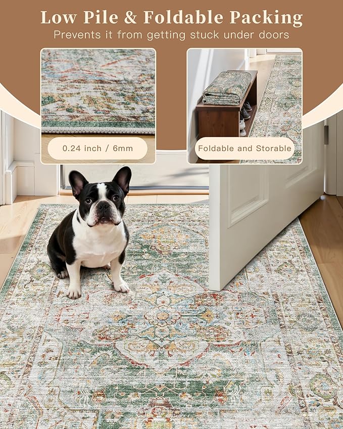 Madane Washable Area Rug 2x3, Small Entryway Rug Non-Slip Vintage Door Mat Indoor Entrance, Low Pile Floor Carpet for Inside Front Door Bedroom Kitchen Entry Laundry (2'x3', Green)