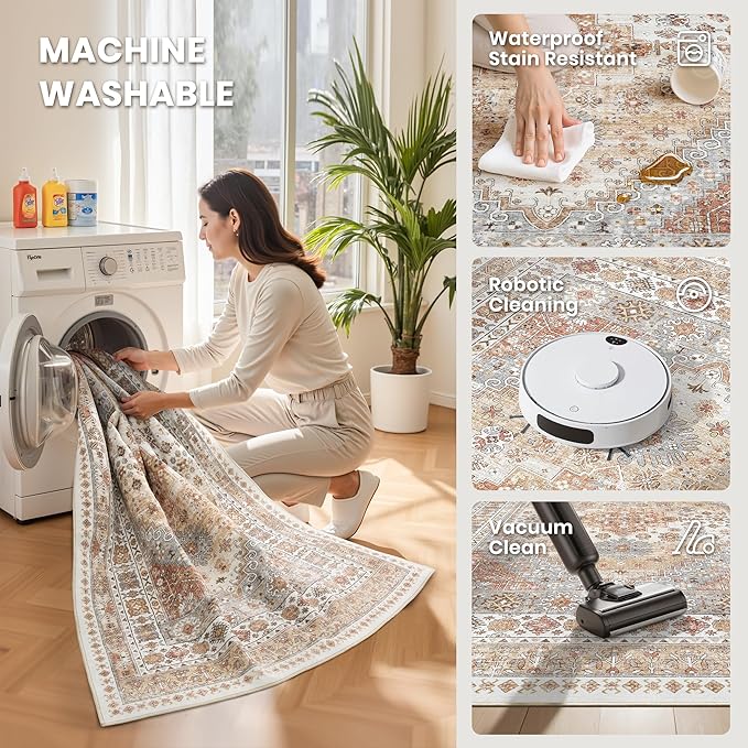 zesthome Runner Rug 2x5 - Stain Resistant Machine Washable Rug, Non Slip Vintage Hallway Runner Rugs, Low Pile Lightweight Runners for Kitchen, Entryway and Corridor
