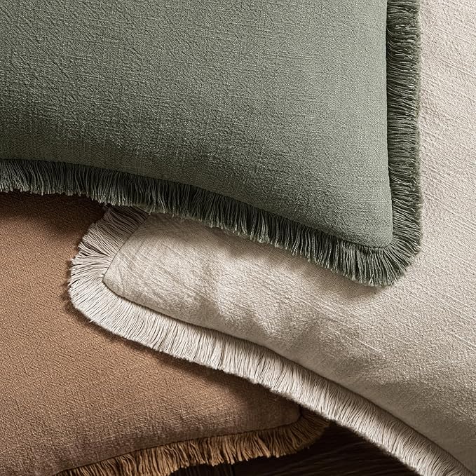 MIULEE Decorative Throw Pillow Covers Neutral Linen Fringe Throw Pillows Euro Shams Set of 2 Light Olive Green Boho Farmhouse Cushions for Couch Sofa Bed Living Room Spring Home Decor 26x26 Inch