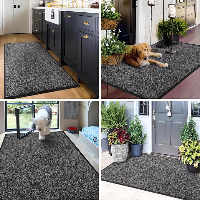 Mibao Front Door Mat, Dirt Trapper Welcome Mat for Outdoor Indoor, Non-Slip Waterproof Doormat, Durable Machine Washable Low Profile Entry Rug for Back Door Outside Patio Porch, 60" x 36", Grey