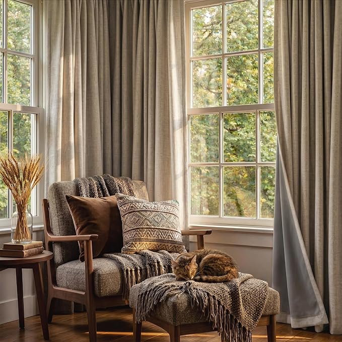 RYB HOME Linen Textured 100% Blackout Curtains for Bedroom, Insulating Energy Saving Window Curtains for Living Room Dining Patio Sliding Glass Door, Wide 52 x Long 96 inch, Burlap, 2 Panels