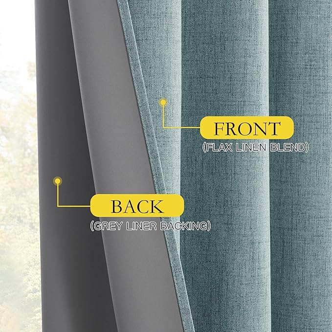 NICETOWN 100% Absolutely Blackout Linen Curtains with Thermal Insulated White Liner, Skylark Blue, 52" Wide, 120" Length Energy Saving Curtains for Living Room 2 Panels Set, Vertical Blinds