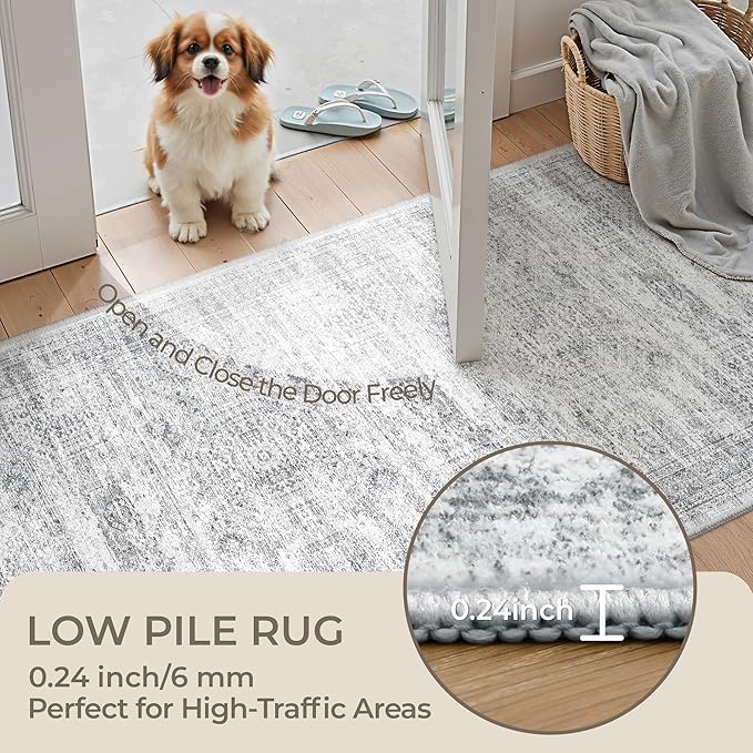 3x20 Washable Runner Rug for Hallway, Non-Slip Long Hallway Runner for Entryway, Soft Vintage Kitchen Mats for Floor, Abstract Dining Room, Bedroom, Living Room Rugs(3'x20', Grey/Ivory)