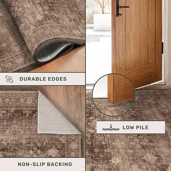 Boho Washable 2x8 Long Rugs for Hallway, Non Skid Front Door Runner Indoor Entrance, Floral Vintage Carpet for Kitchen, Non Slip Low Pile Stain Resistant Soft Mat (Gold Brown)