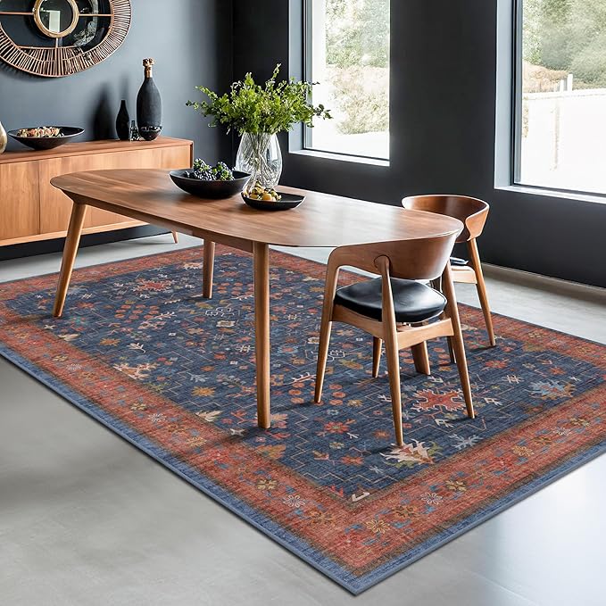 Hazo Haus Dining Room Rugs for Under Table - 7x9 Washable Area Rug for Living Room, Low Pile Non-Slip Rugs for Bedroom - Navy Blue Vintage Boho Unique Home Decor