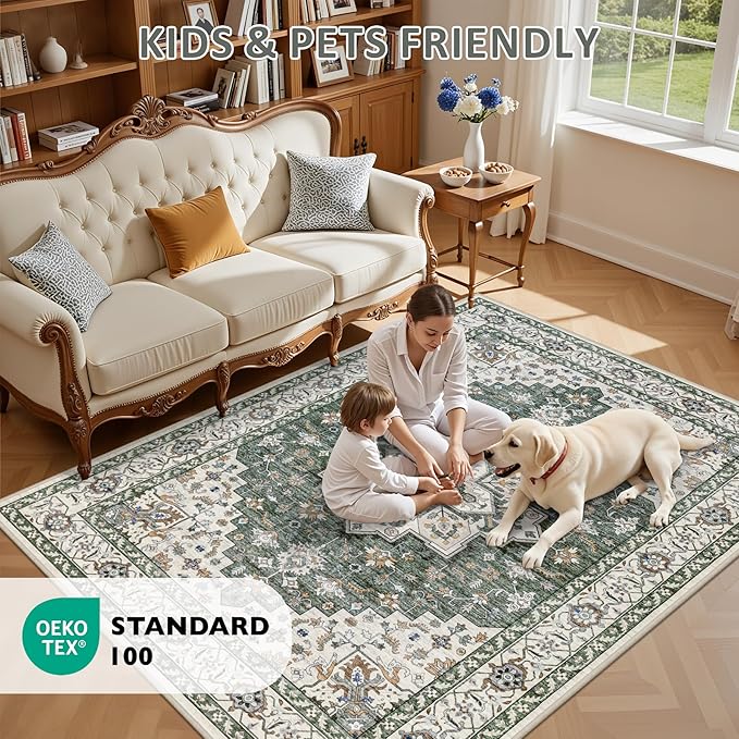 Area Rugs 10x14 Living Room Rug: Washable Rug Soft Vintage Boho Medallion Carpet Indoor Non-Slip Stain Resistant Large Carpets for Bedroom Dining Room Farmhouse Nursery Home Office Green Ivory