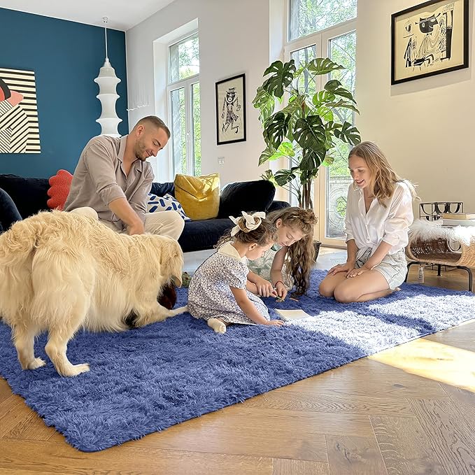 OLANLY 2x4 Machine Washable Runner Rugs for Hallway, Soft Fluffy Shaggy Bedside Rugs for Bedroom, Living Room, Indoor Floor Carpet for Kids Girls and Boys, Home Decor Aesthetic, Denim Blue